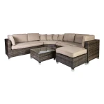Lauko baldų komplektas Sodo baldų komplektas DAWSON, stalas, kampinė sofa ir pufas su pagalvėlėmis, spalva: tamsiai ruda