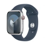 Apple Watch Series 9 GPS + Cellular, 45 mm, Sidabro spalvos aliuminio korpusas su tamsiai mėlynos spalvos sportiniu dirželiu - S/M