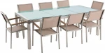 Lauko baldų komplektas Beliani Rinkinys sodo staliukas dazytas stiklas ir 8 smėlio spalvos kėdės GROSSETO