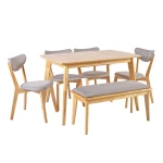 Valgomojo baldų komplektas JONNA su 4 kėdėmis ir suolu (10515 10516) stalviršis: MDF su ąžuolo lukštu, kojos ir rėmas: k