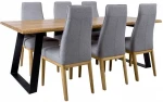 Valgomojo baldų komplektas ROTTERDAM su 6 kėdėmis (19968), stalviršis: medžio drožlių plokštė su natūralaus, netašyto ąžuolo fanera, rėmas: metalinis, juodas
