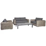 Lauko baldų komplektas Sodo baldų komplektas CALISTA su pagalvėlėmis, stalu, sofa ir 2 kėdėmis, aliuminio rėmas su plastikinėmis vytelėmis, spa